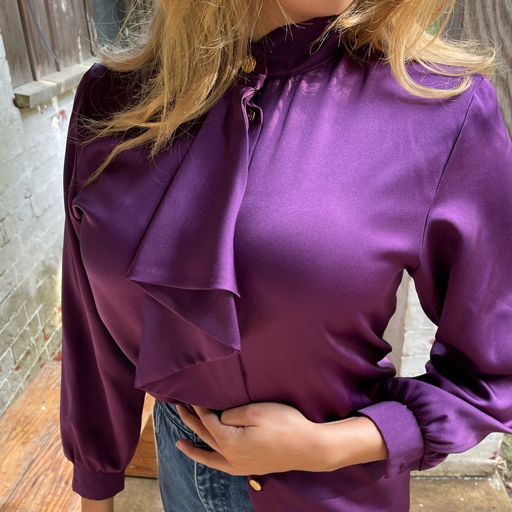 Purple button down polyester blouse, women size sm